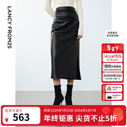 朗姿復古高腰直筒氣質(zhì)修身顯瘦皮裙中長(cháng)款通勤休閑半身裙冬季新款 黑色2 2XL