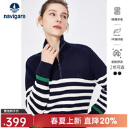 Navigare意大利小帆船女士長(cháng)袖針織衫秋冬款舒適半開(kāi)領(lǐng)上衣翻領(lǐng)條紋毛衣女 海軍藍/白 M 碼