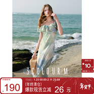 三彩2025春季新款雪紡印花連衣裙荷葉邊一字肩兩穿長(cháng)裙度假風(fēng)M