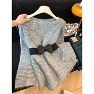 AEMAPE輕奢感紅色長(cháng)袖針織衫女冬季2025新款蝴蝶結腰帶收腰顯瘦毛衣 灰色 L