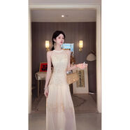 Sun雅喬折腰夏季輕奢重工定位釘珠刺繡無(wú)袖吊帶雪紡連衣裙 玉白-圓領(lǐng)款 S S