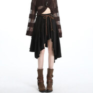 溥畔美式覆古咖色不規則麂皮絨半身裙女秋裝波西米亞荷葉邊A字百褶裙 黑色 S