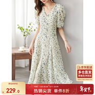 尚都比拉夏季法式碎花連衣裙泡泡袖茶歇裙氣質(zhì)女神范裙子 杏底藍花 L 