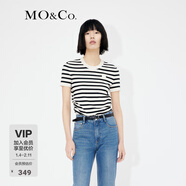 MO&Co.經(jīng)典條紋珠繡logo短袖短款薄款針織衫白黑條上衣女摩安珂 白黑條色-第2批 M 165