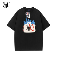 PNJ新款夏季韓版潮牌寬松百搭休閑短袖T恤卡通可愛(ài)貓咪印花男女款 黑色 L