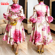 金屢燕衣女士時(shí)尚優(yōu)雅復古宮廷風(fēng)連衣裙印花氣質(zhì)約會(huì )中長(cháng)裙跨境歐美風(fēng) 杏色 S