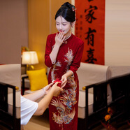 薩肯貓（SAKENMAO）紅色蕾絲長(cháng)款改良旗袍2026新款年輕款女復古中長(cháng)袖婚禮新娘敬酒服 60256 2XL