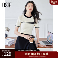歐莎（OSA）拼接撞色圓領(lǐng)針織衫女氣質(zhì)顯瘦套頭衫2025年夏季新款T恤上衣 米白色 M