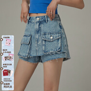 CHUU毛邊多口袋牛仔短褲女2025夏新品減齡個(gè)性高腰別致顯瘦褲子 淺牛仔藍 26