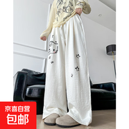 復古小貓涂鴉設計寬松休閑褲女2024新款夏季慵懶涼涼褲闊腿拖地褲 米白色-加長(cháng)款 L
