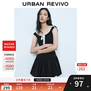 UR2025春季新款女裝撞色蕾絲飄帶U領(lǐng)無(wú)袖修身連衣裙UYY750014 黑色 (偏短) XS