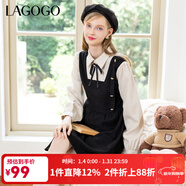LAGOGO泡泡袖蝴蝶結拼接連衣裙女拉谷谷秋冬新款宮廷風(fēng)法式赫本裙 黑米(WT) L 165/40