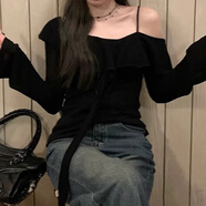 冶芷黑色一字肩長(cháng)袖防曬針織衫t恤女秋季薄款設計感露肩吊帶上衣 荷葉邊一字肩T恤衫黑色 M （85-100斤）