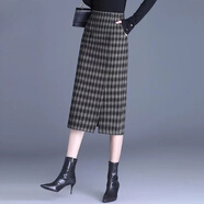 啄木鳥(niǎo)毛呢格子女2025新款高腰中長(cháng)款顯瘦開(kāi)叉A字裙包臀長(cháng)裙半身裙秋冬 黑色 - 秋冬中長(cháng)裙  厚款 XL 110-120斤