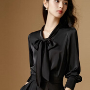 ONEBUYE晚白紅色襯秋季新款高端緞面蝴蝶結飄帶通勤襯衫女別致 黑色 2XL