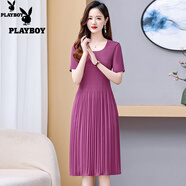 花花公子（PLAYBOY）中年媽媽氣質(zhì)雪紡連衣裙2024新款女夏季高端精致收腰顯瘦百褶裙子 玫紅色 XL 95-115斤