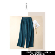 艾莫克時(shí)尚棉麻闊腿褲女春夏顯瘦百搭長(cháng)褲 天鵝絨藍 L
