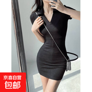 歐美風(fēng)純色V領(lǐng)短袖連衣裙女夏辣妹性感翻領(lǐng)微胖緊身包臀短裙 黑色 XL