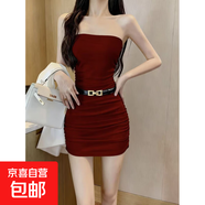 性感抹胸連衣裙辣妹顯瘦春夏秋冬緊身褶皺短裙腰帶包臀裙 紅色抹胸裙+腰帶(內置胸墊) M