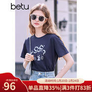 百圖betu女裝2025春夏新款T恤圓領(lǐng)蝴蝶結印花套頭短袖T恤女2502T23 深蘭 M