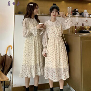 美安嘉春夏新款雪紡裙中長(cháng)款連衣裙女韓版收腰碎花長(cháng)袖打底裙子長(cháng)裙 紅色 S