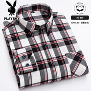 花花公子（PLAYBOY）加大碼100%新疆純棉男士磨毛長(cháng)袖襯衫中青年休閑全棉格子襯衣男裝 R2-839 淺黃黑格子 41 -【140-149斤】
