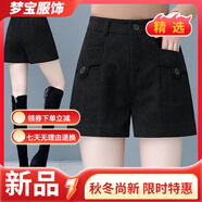 事思大碼燈芯絨短褲女春上新高腰寬松闊腿顯瘦條絨外穿休閑靴褲子 黑色 S