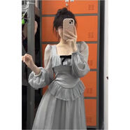 伊琦蕾法式復古方領(lǐng)仙女長裙子春季新款高級感小禮服溫柔風長袖連衣裙女 銀灰色 L