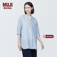 MUJI 女式 木棉混雙層紗織五分袖束腰長(cháng)上衣內搭罩衫襯衫BC2J1C4S 藍色條紋 M(160/84A)