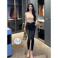 黑色棕線(xiàn)豐胯小腳牛仔褲韓國水洗高腰磨白修飾腿型鉛筆九分褲女 復古黑 XS XS建議7589斤