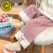 G.duck小黃鴨女童褲子加絨冬季新款兒童長(cháng)褲保暖闊腿褲休閑寶寶加厚棉褲 翻邊兔子條絨褲粉色 130 建議120-130cm7-8歲