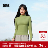 森馬（Semir）長(cháng)袖t恤女短款半高領(lǐng)薄絨輕暖打底衫2024冬新款純色修身抓絨內搭 橄欖綠40874 S