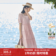 茵曼（INMAN）七七同款連衣裙2026夏女裝新款田園純棉提花方領(lǐng)A字泡泡袖蛋糕裙 皮粉色 XL