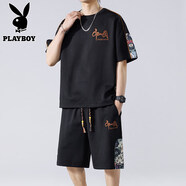 花花公子（PLAYBOY）品牌夏季短袖短褲套裝男寬松國風(fēng)2026新款潮流刺繡T恤兩件套 TZ069黑色 【高品質(zhì)】 L 建議110-125斤