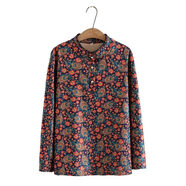 夏典素訂女王（SE.PSTP）休閑襯衫女春裝新款印花民族風(fēng)長(cháng)袖打底衫大碼女裝中老年洋氣媽媽 紅色小花 春秋款 XL 建議90-110斤