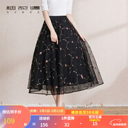 煙花燙裙子女2025年秋冬新款黑色松緊高腰通勤百搭繡花網(wǎng)紗半身裙 蘿素 黑色繡花 L（適合130-140斤）