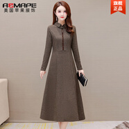 AEMAPE長(cháng)袖格子連衣裙女2026春秋新款高端氣質(zhì)時(shí)尚收腰顯瘦中長(cháng)款裙子 咖色 L 建議85-105斤