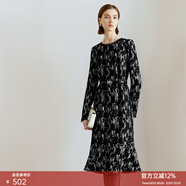 顏域印花蕾絲連衣裙女2024新款冬裝優(yōu)雅氣質(zhì)長(cháng)袖荷葉邊中長(cháng)款裙子 黑色 L/40