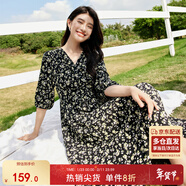 尚都比拉度假風(fēng)碎花連衣裙女夏天V領(lǐng)氣質(zhì)中長(cháng)裙收腰A字雪紡裙子 黑花 L