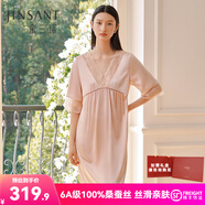 金三塔真絲睡衣女桑蠶絲蕾絲優(yōu)雅短袖連衣裙睡裙居家服 桃盈粉 L