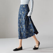 塔馳密司（touchmiss）新中式印花半身裙女氣質(zhì)高腰顯瘦修身A字中長(cháng)款裙子早春新款 藍色 M 27