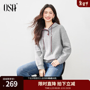 歐莎灰色連帽衛衣女2026春季休閑百搭慵懶風(fēng)抽繩毛衫上衣 灰色 S
