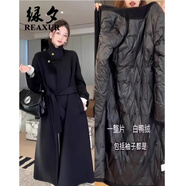 綠夕（REAXUR）中長(cháng)款毛呢大衣女秋冬高級感2025新款女士加厚呢子外套高端小香風(fēng) 黑色 【白鴨絨內膽】 S （建議100斤-115斤）