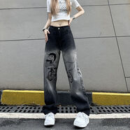 俞兆林（YUZHAOLIN）漸變直筒牛仔褲女2026春秋顯瘦潮流百搭寬松遮肉直筒闊腿休閑長(cháng)褲 黑色 S