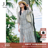 玖姿·安娜蔻優(yōu)雅民族風(fēng)多層雪紡蛋糕裙收腰連衣裙女2025夏季新款 花紋藍色 S