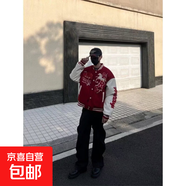 美式拼接撞色釘珠皮袖棒球服男春秋高街潮牌寬松百搭休閑夾克外套 紅色 M
