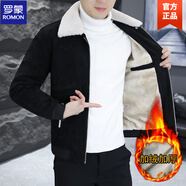 羅蒙（ROMON）鹿皮絨男士外套加絨加厚冬季2025年新款潮流休閑翻領(lǐng)冬裝短款夾克 黑色 XL 建議【120-135斤】