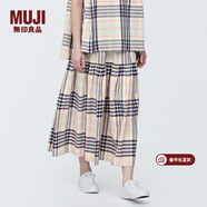 MUJI女式馬德拉斯格紋寬擺裙長(cháng)半身裙夏款裙子半裙純棉格子裙女裝 象牙色格紋 M (160/66A)