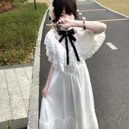 快津KUAIJIN甜美洛麗塔日系蕾絲蝴蝶結短袖連衣裙斗篷夏季新款顯瘦長(cháng) 領(lǐng)口蝴蝶結 M