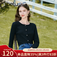 百圖betu女裝秋新款T恤圓領(lǐng)長(cháng)袖精致蝴蝶結紐扣針織T恤女2308T19 黑色 L